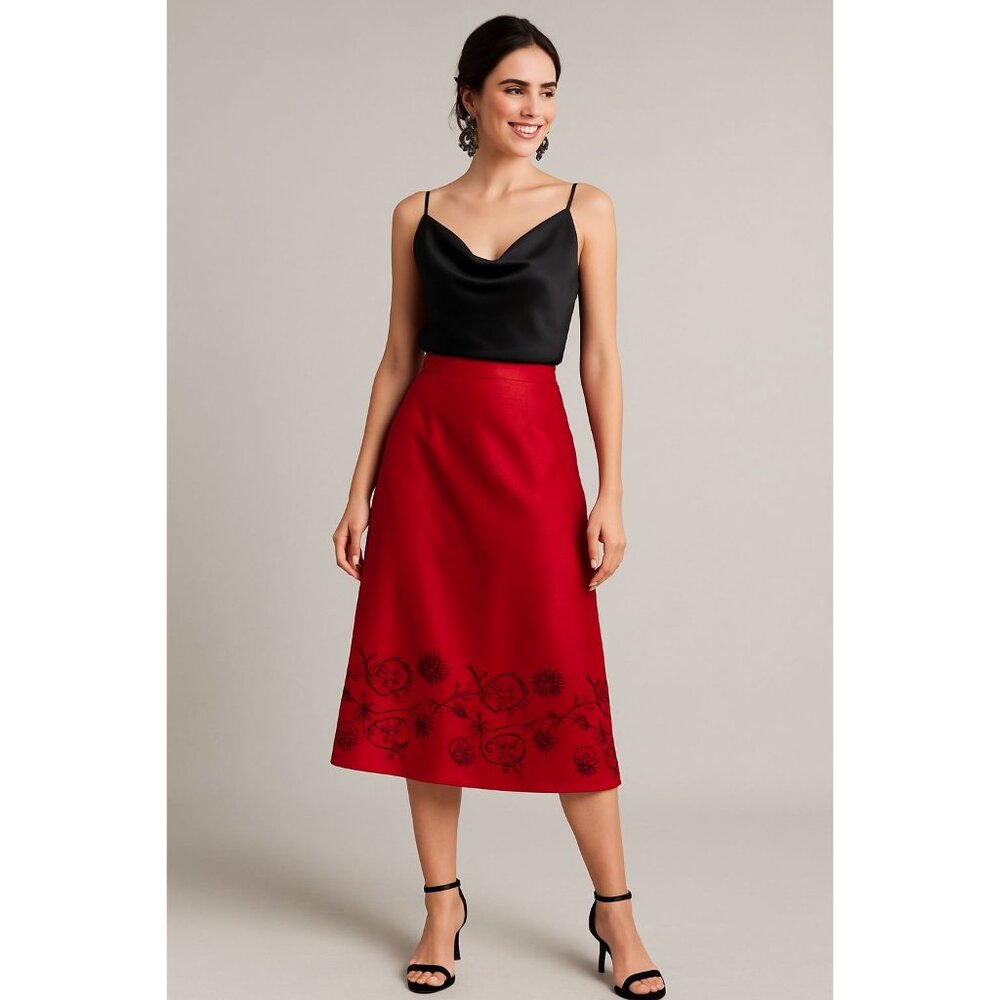CLIO 100% Silk Red Midi Skirt Womens 8 Embroidered Hem‎ Evening Wear Luxe